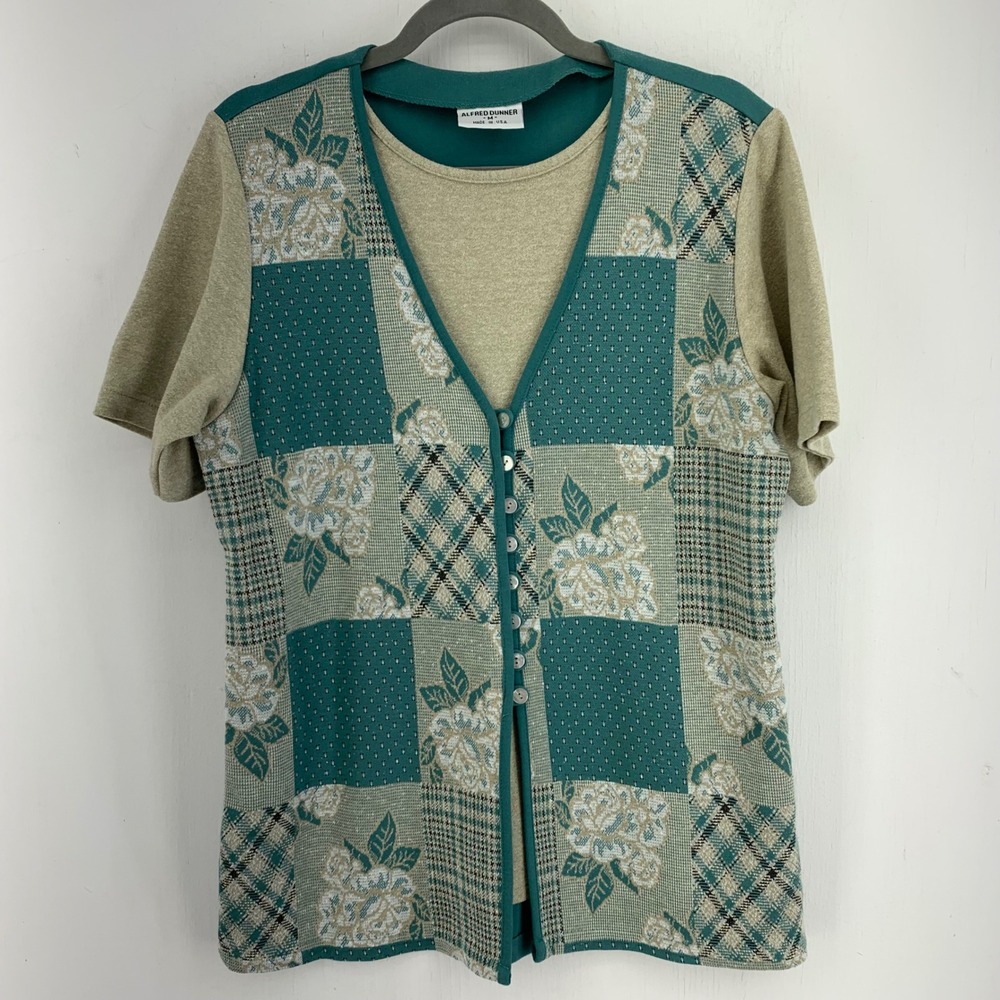Vintage 90s Patchwork Floral 2-in-1 Top Teal Green Medium Cottage Retro Grandma